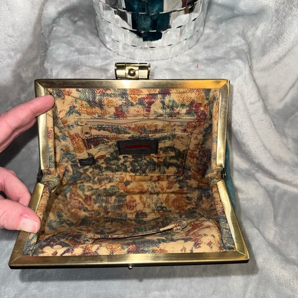 VTG Hobo International Teal Leather Bow Kisslock Handbag - Retro Frame Bag - Picture 7 of 9